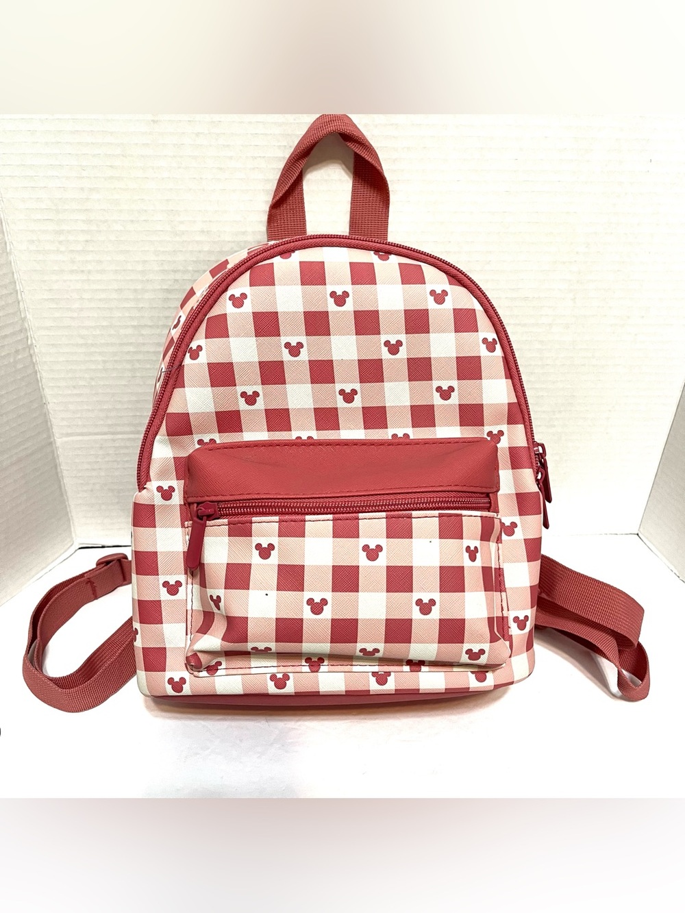 Pink Mickey Mouse Gingham Girls Backpack Playful Pattern Like New Condition